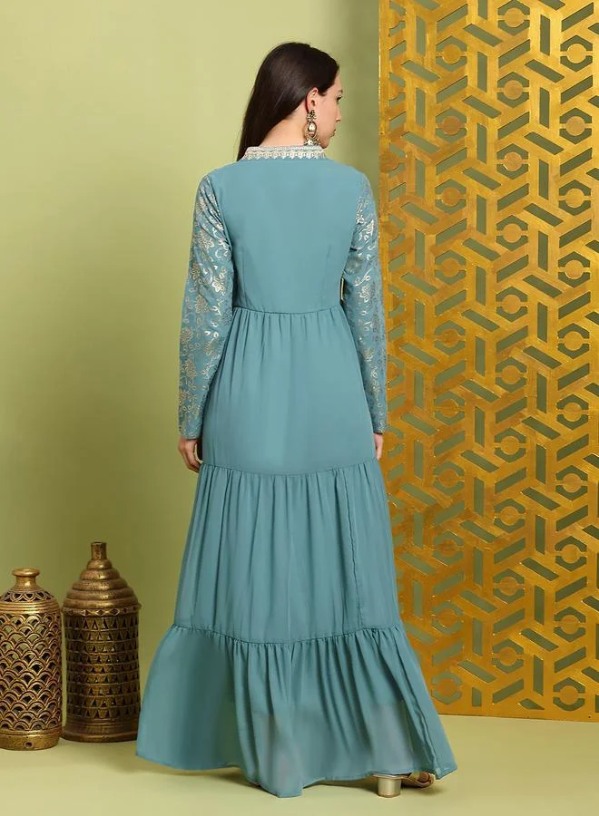 globus Women Green Pleated Embroidered Maxi Dress